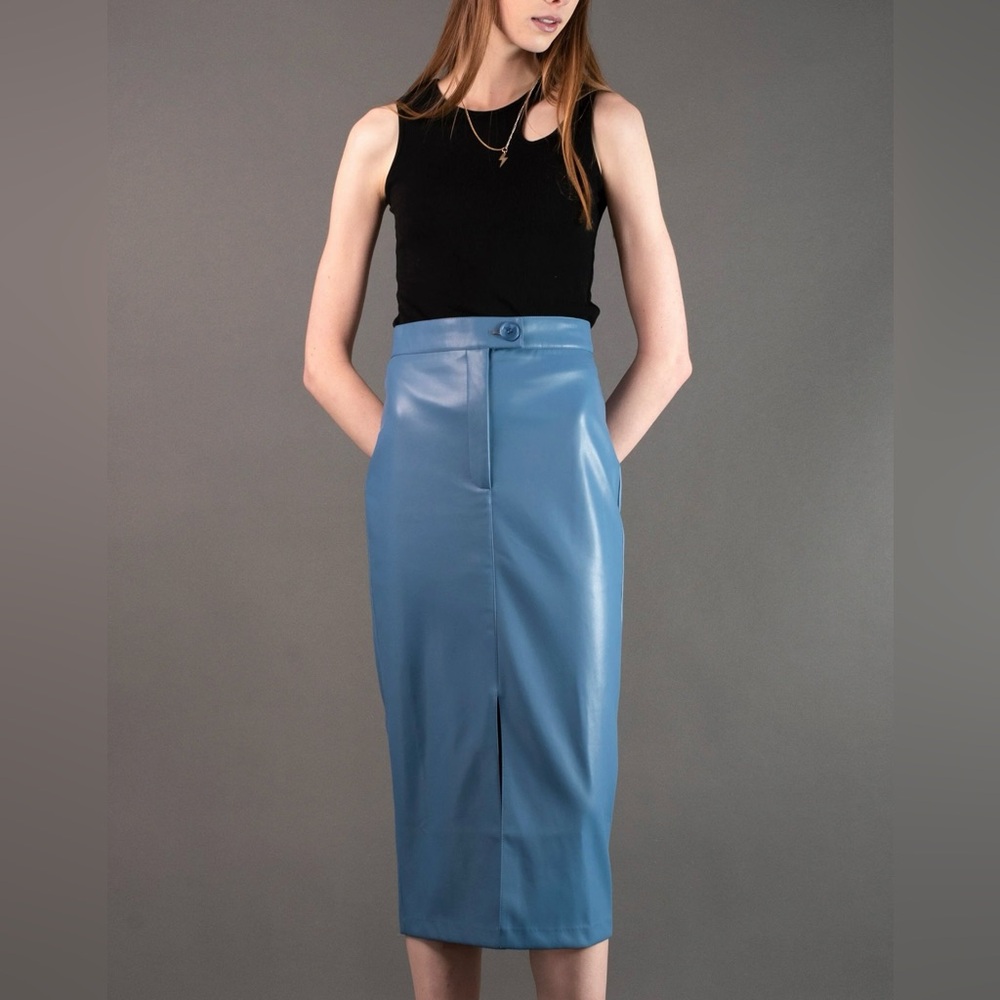 NWT Kate Hewko Powder Blue Vegan Leather Pencil Skirt
